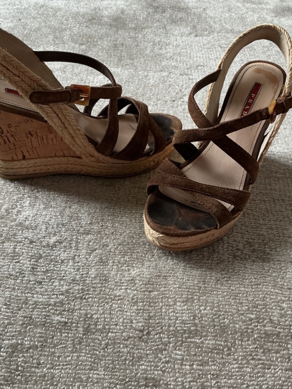 PRADA Chocolate Brown Suede Wedges Sandals Cork Woven Size 36/6